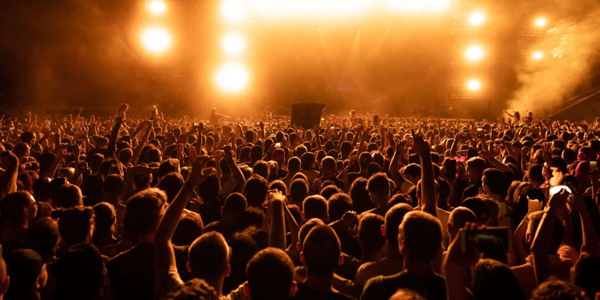 Back view of crowd of fans watching live performance on music concert at night. Copy space.